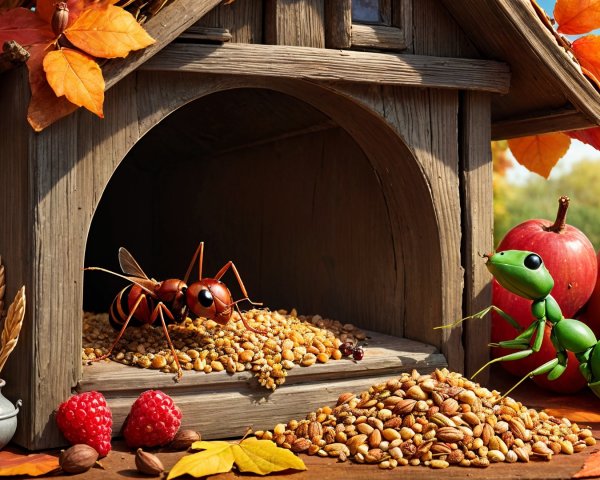 Cozy Wooden House Surrounded by Autumn Harvest Scene