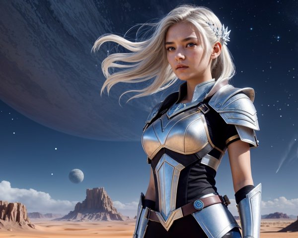 Desert Scene with Armored Figure Under Starry Sky