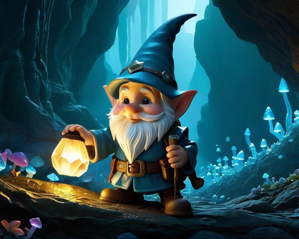 Gnome Exploring a Colorful Bioluminescent Cave