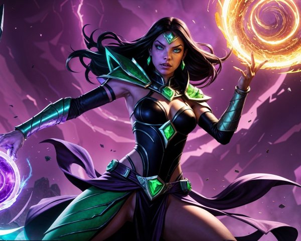 Sorceress Wielding Magic Orbs in Dramatic Setting