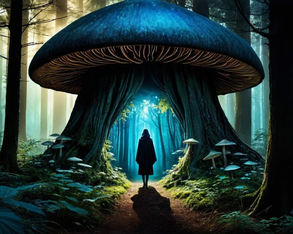Colossal Glowing Mushroom in Enchanted Forest Scene