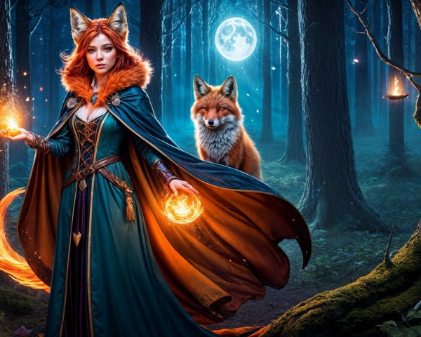 Mystical Forest Scene with Woman and Fox at Night