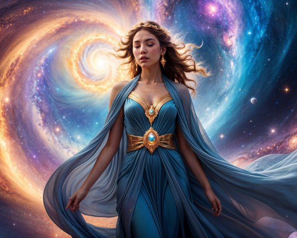 Mystical Woman in Cosmic Setting with Flowing Gown