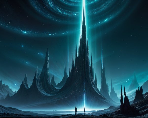 Majestic Tower Against Cosmic Backdrop with Mountains