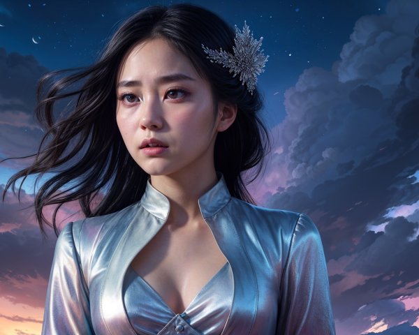 Young woman in silver outfit against twilight sky