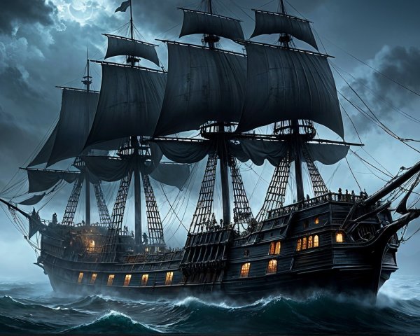 Pirate Ship Navigating Stormy Waters Under Moonlight