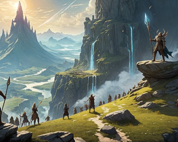 Fantasy Landscape with Hero, Warriors, and Waterfalls