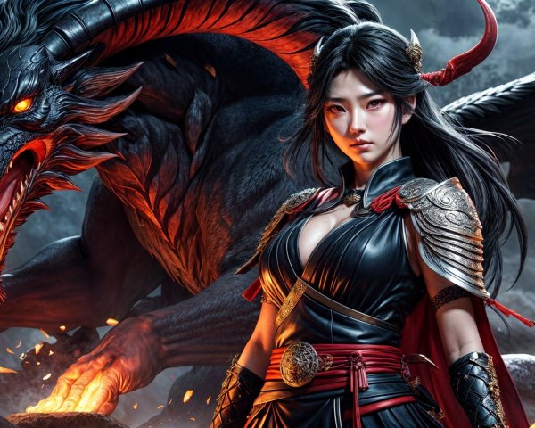 Fierce warrior in dark armor with a black dragon