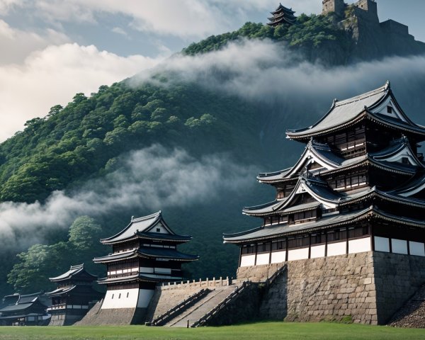 Japanese Landscape with Pagodas and Fortress Details