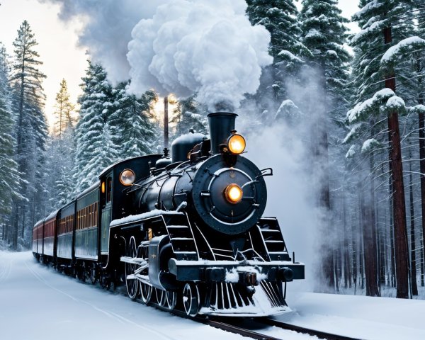 Vintage Steam Locomotive in Snowy Forest Scene