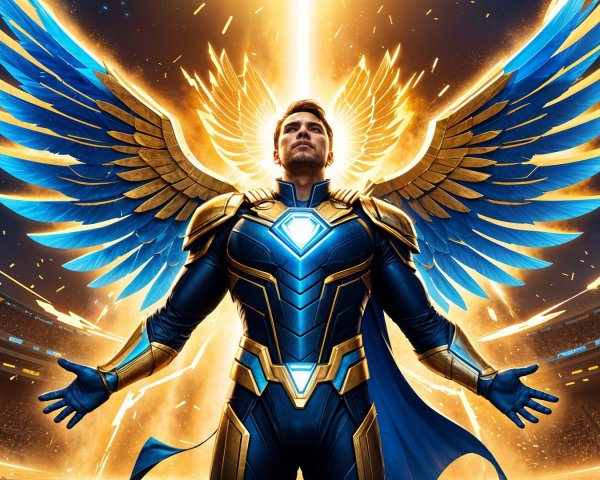 Heroic Figure with Blue and Gold Wings in Arena