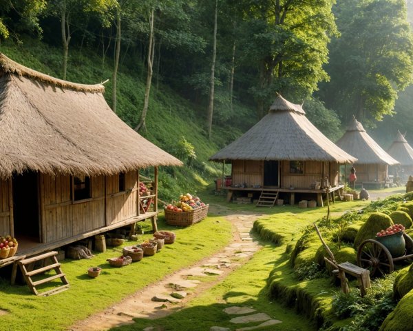 Idyllic Village Scene with Thatched Roof Huts