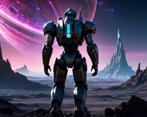 Futuristic Robot on Alien Landscape with Cosmic Scene