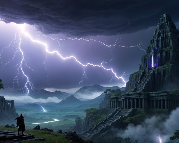Dramatic Landscape with Ancient Temple and Lightning
