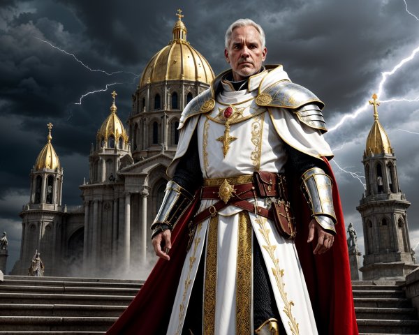 Ornate Armored Figure Before Grand Cathedral and Stormy Sky