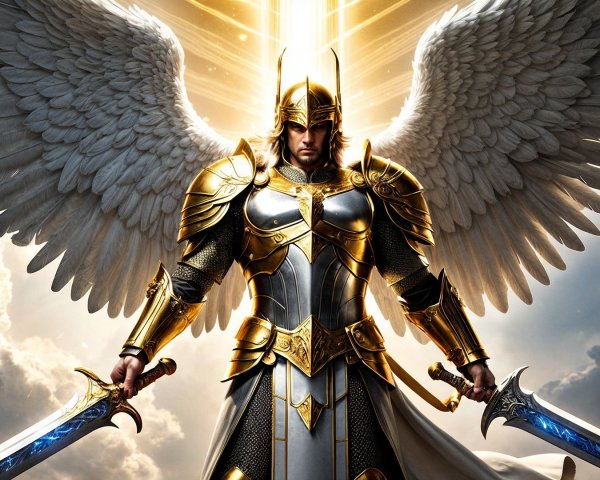 Majestic angelic figure in golden armor with swords