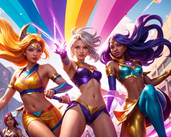 Stylish Characters in Vibrant Outfits with Weapons