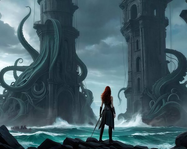 Ancient Stone Towers Entwined by Serpentine Tentacles