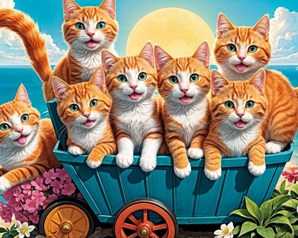 Group of Eight Orange Tabby Cats in Blue Wagon at Seaside