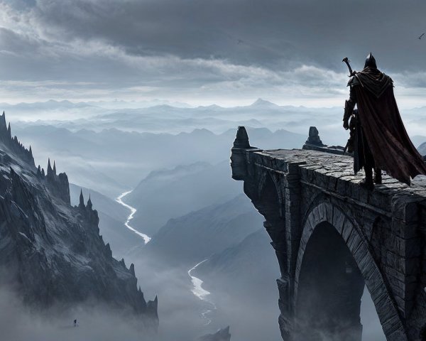 Cloaked Figure on Ancient Bridge Overlooking Misty Landscape