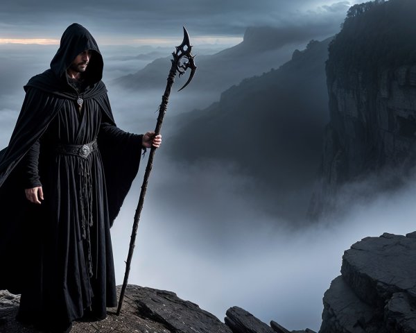 Mysterious Cloaked Figure on Rocky Cliff in Mist