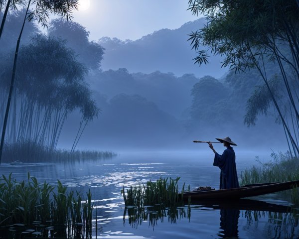 Lone Flutist in Traditional Attire on Misty River