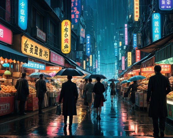 Vibrant Neon-Lit Street Market at Night