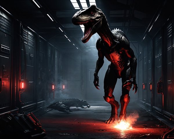 Menacing Velociraptor in Futuristic Dim Corridor