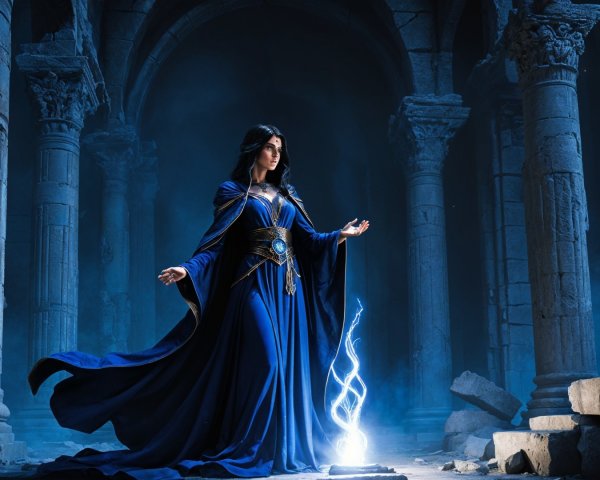 Mysterious Sorceress in Ancient Ruin with Glowing Light