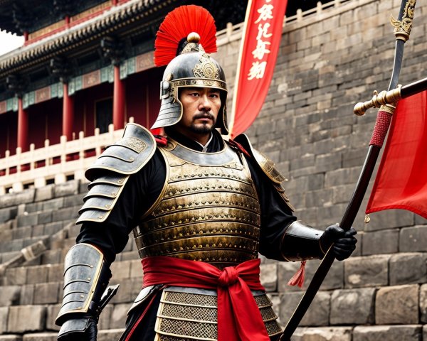 Warrior in Ornate Armor with Spear and Historical Setting