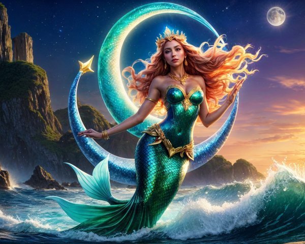 Majestic Mermaid Amidst Crashing Waves at Sunset
