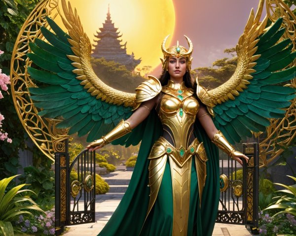 Majestic figure in golden armor in vibrant garden