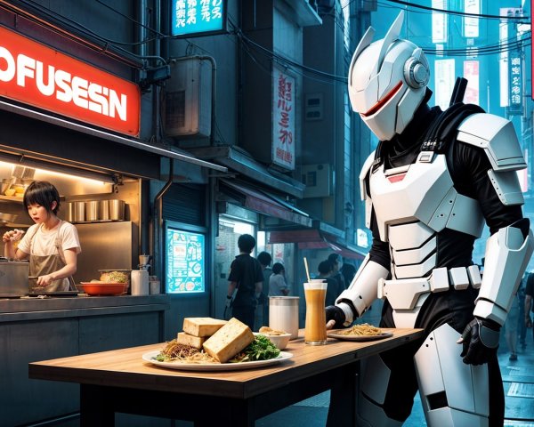 Futuristic Robot in Alleyway with Tofu and Noodles