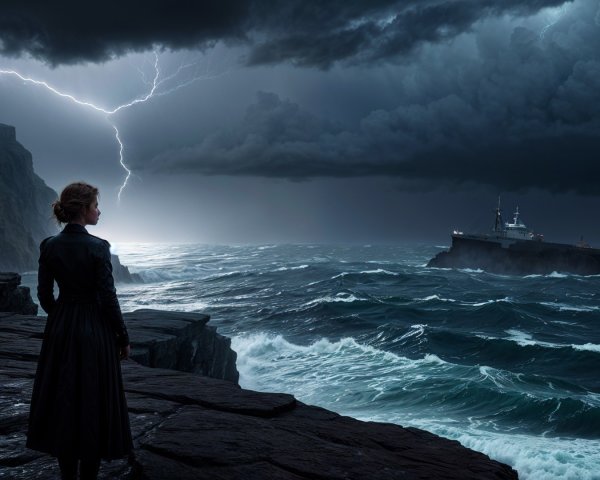 Lone Figure on Rocky Shore Amid Stormy Seas