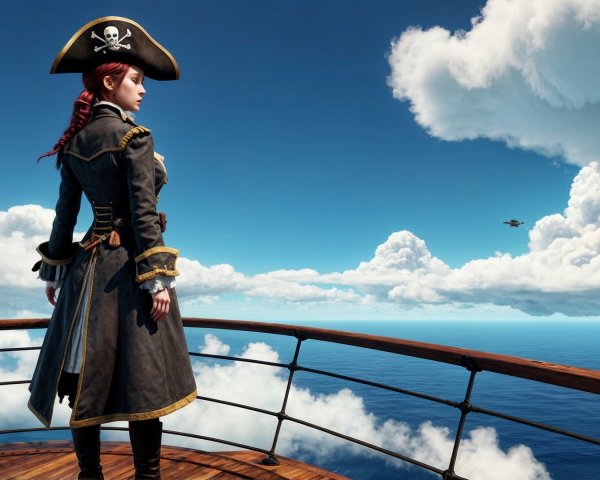 Confident pirate at ship's bow against ocean backdrop