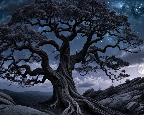 Ancient Tree on Rocky Terrain Under Starry Sky