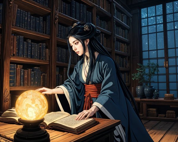 Young Woman Examining Book in Dimly Lit Library