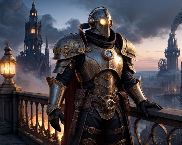 Steam-Powered Armor Overlooking Industrial Cityscape