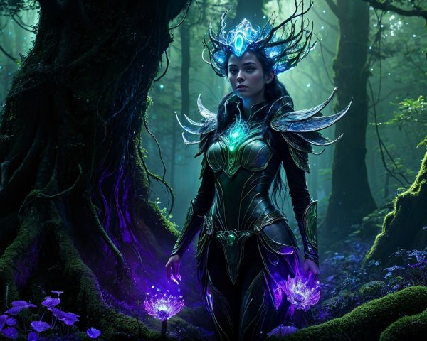 Mystical figure in enchanted forest with dark armor