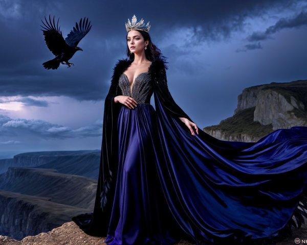 Regal queen on cliff with dark gown and crown