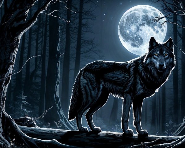 Wolf on Mossy Log Under Full Moon in Dark Forest