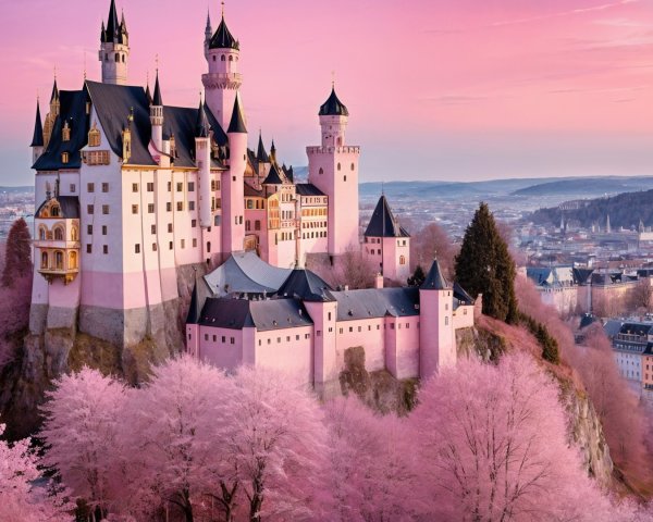 Castle on Hilltop Amid Cherry Blossoms at Sunset