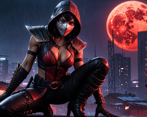 Fierce Warrior in Rainy Urban Setting Under Red Moon