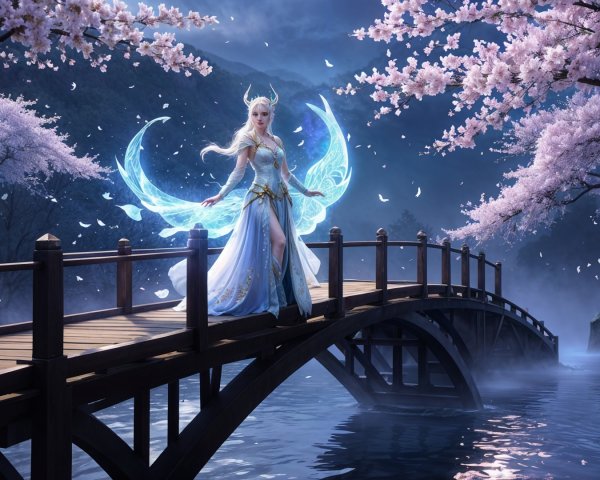 Mystical Figure on Wooden Bridge Amidst Ethereal Scenery