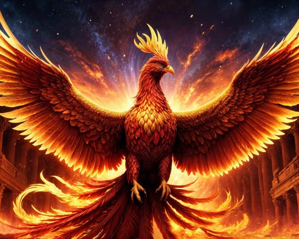Phoenix with Fiery Plumage Against Starry Sky