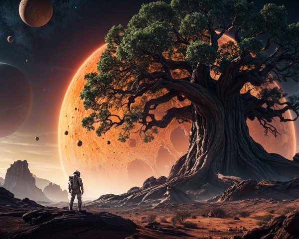 Astronaut in a surreal cosmic landscape with ancient tree
