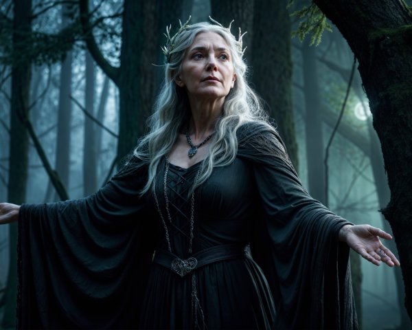 Majestic figure in misty forest with flowing robes