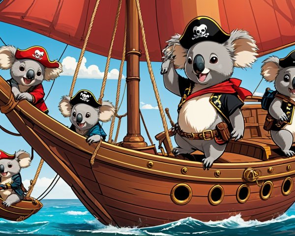 Koala Pirates on a Wooden Ship with Red Sail