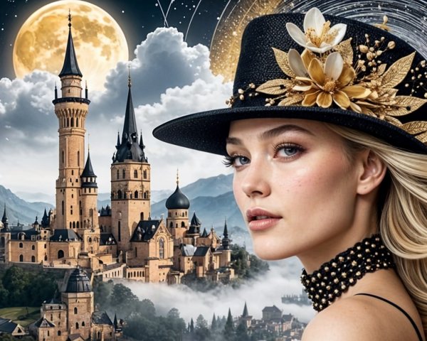 Young woman in elegant hat against misty castle backdrop