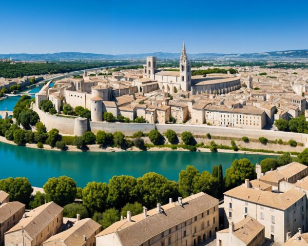 Aerial View of a Historical City with River and Greenery